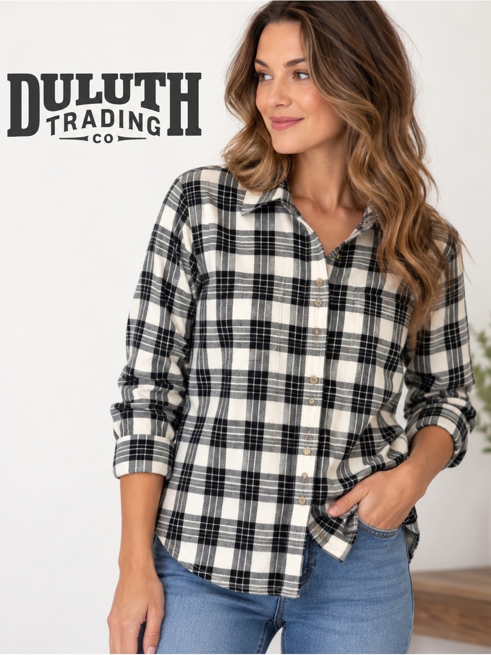Duluth Trading Co Women’s Small Plaid Flannel Shirt Black White 100% Cotton